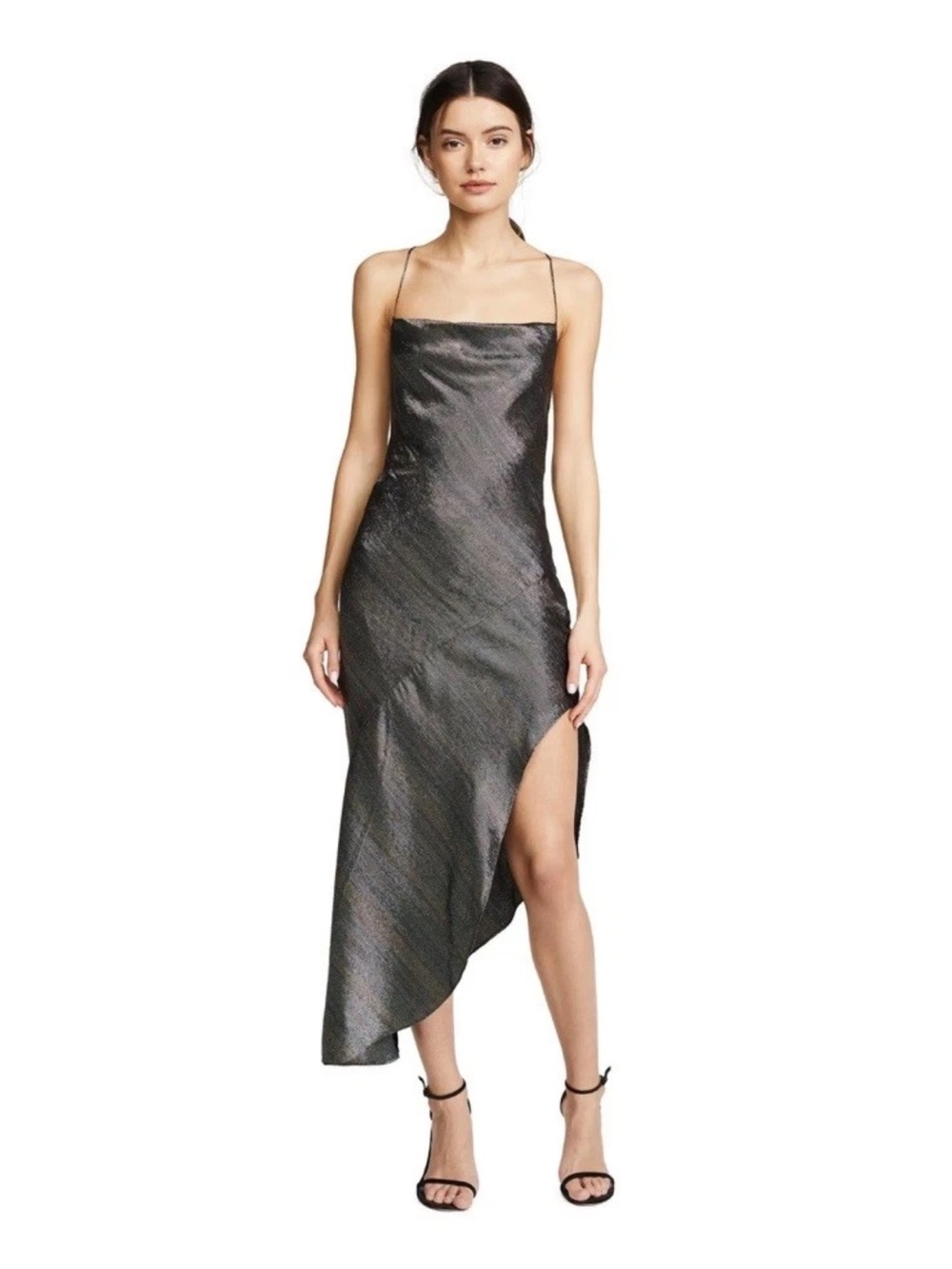 Haney Metallic Silk Slip Dress 4 Asymmetric Maxi Silver Cowl Neck USA Made